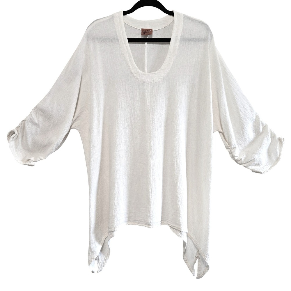 "Vintage" Oh My Gauze! Pale Cream Lagenlook, Long Sleeve, Shark Bite Tunic Sz 3X